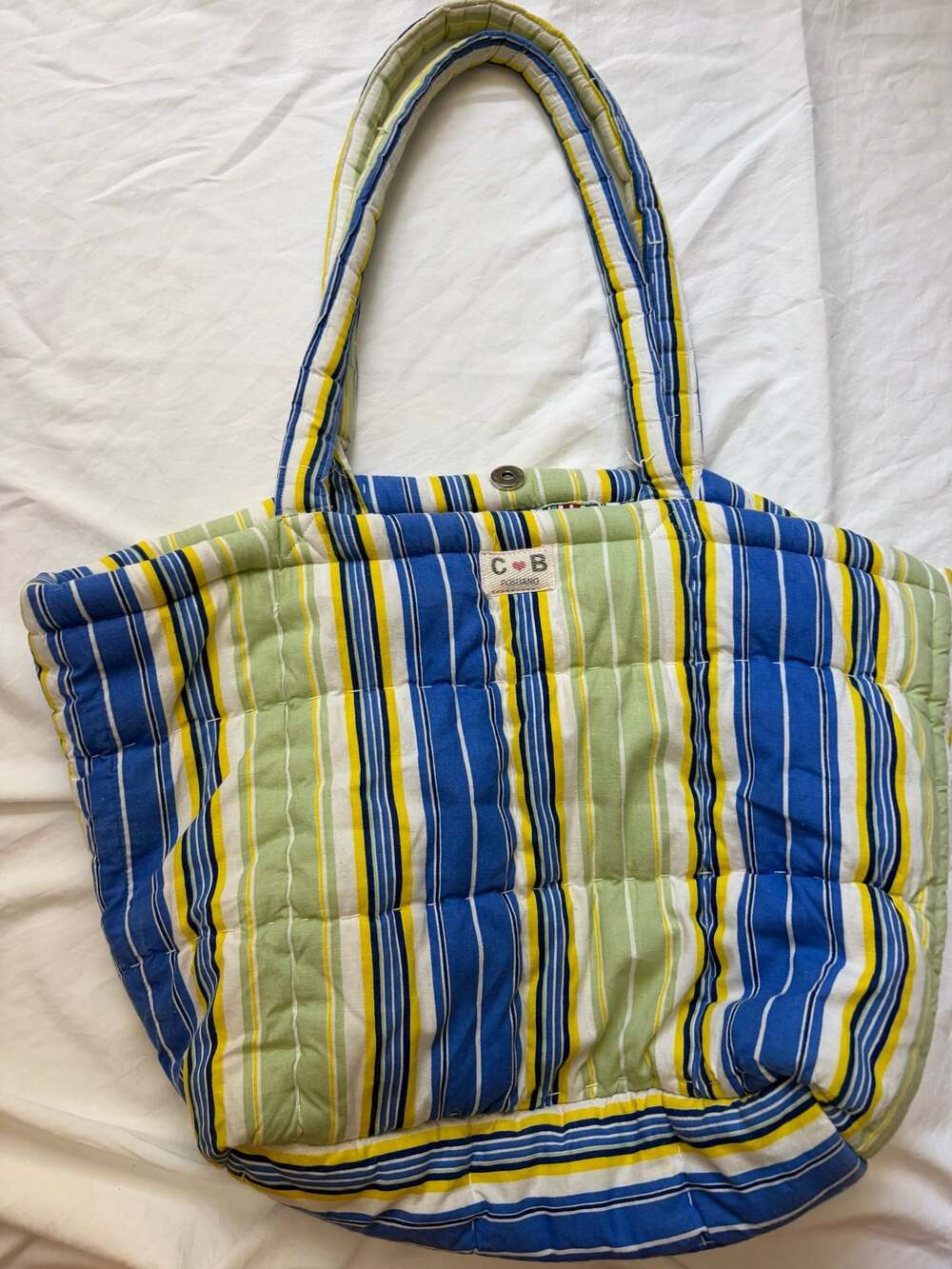 C & B Positano Quilted Stripe Tote Bag Blue Green Yellow